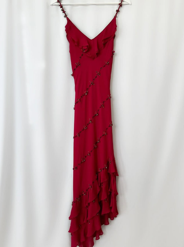 Vintage Burgundy Floral Beaded Ruffles Chiffon Prom Dress Evening Party Gowns HZ1023